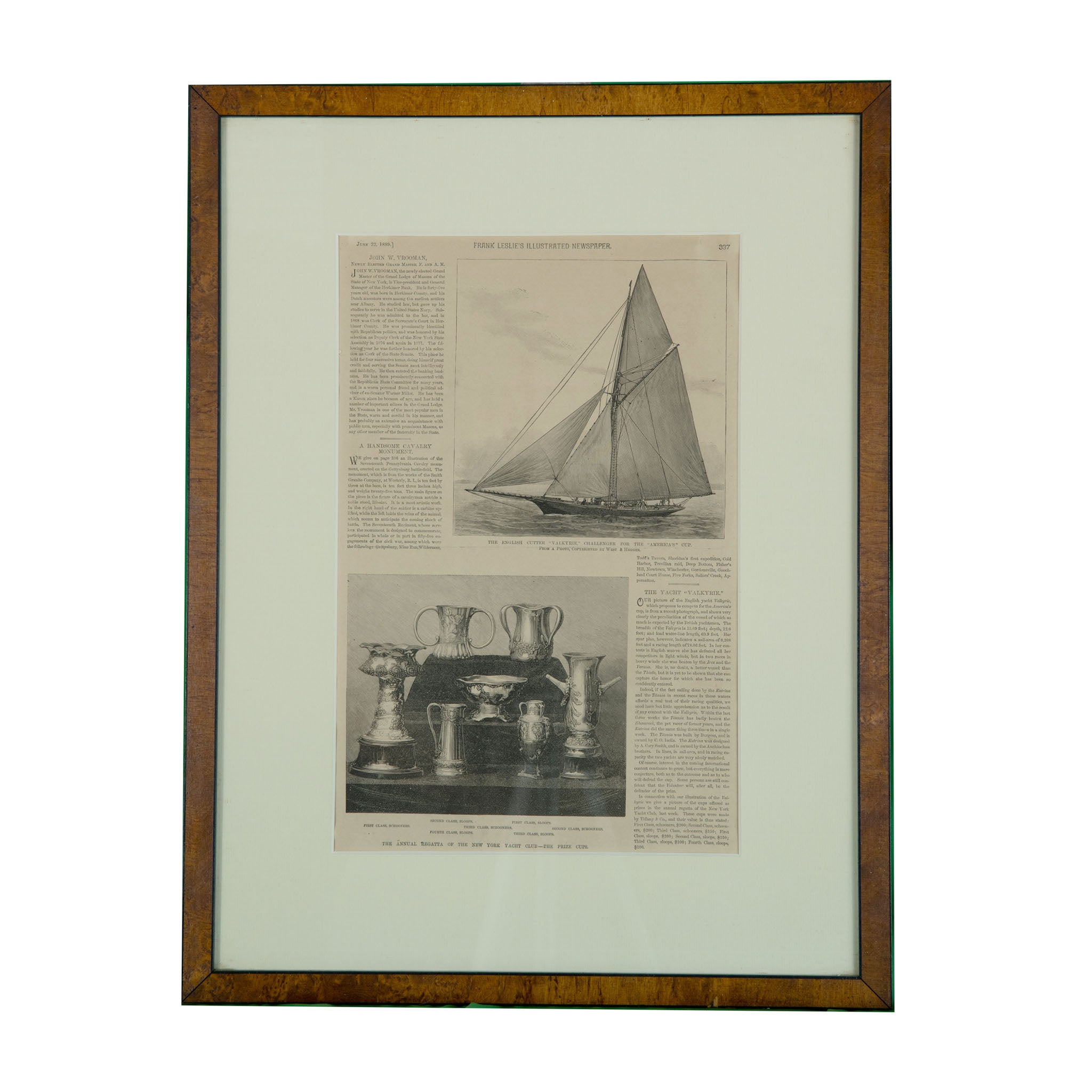 Vintage Framed 1889 Frank Leslie's Illustrated Newspaper: Yacht "Valkyrie" & NYYC Cups