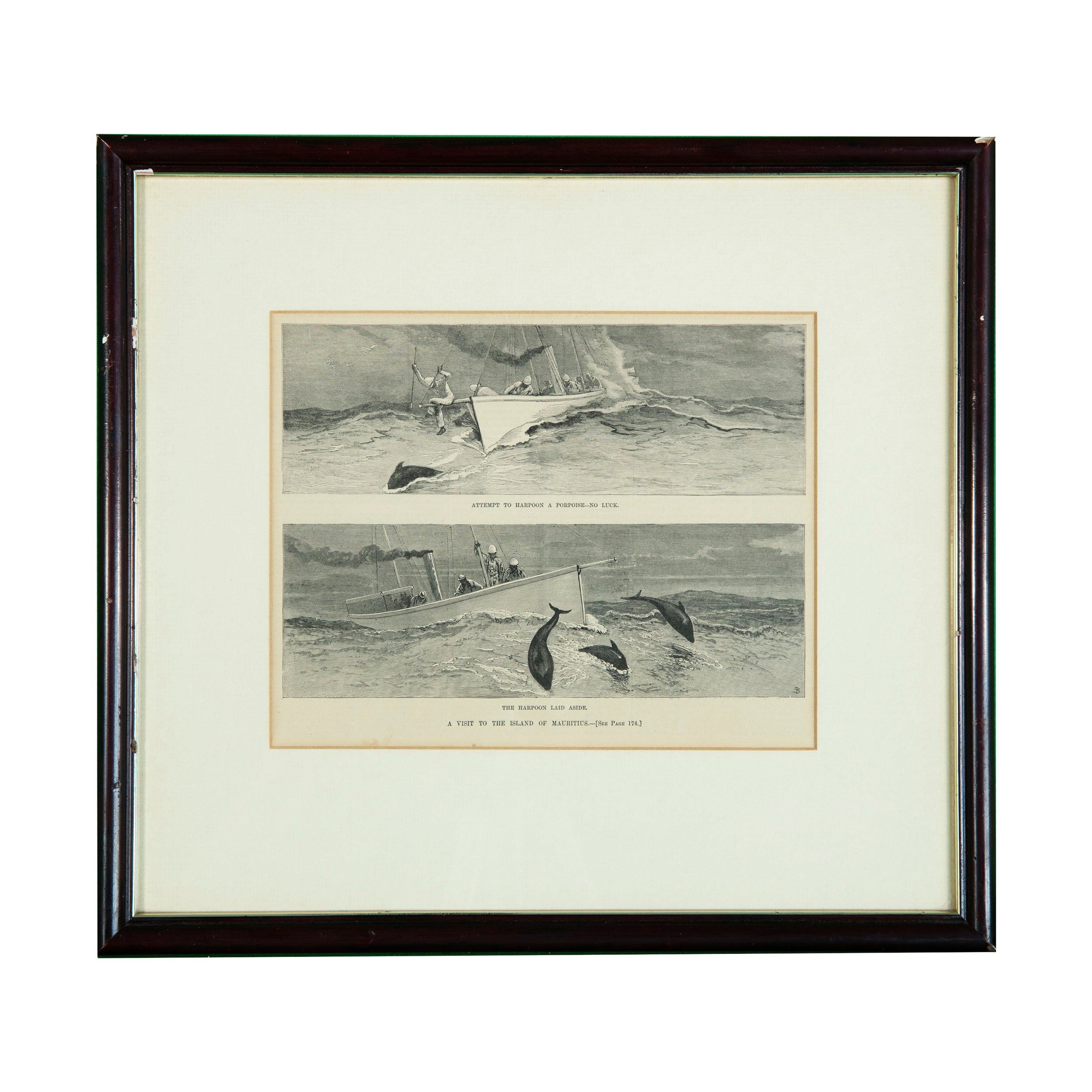 Framed Antique Harper's Weekly Wood Engraving: Porpoise Chase & Mauritius Island Visit