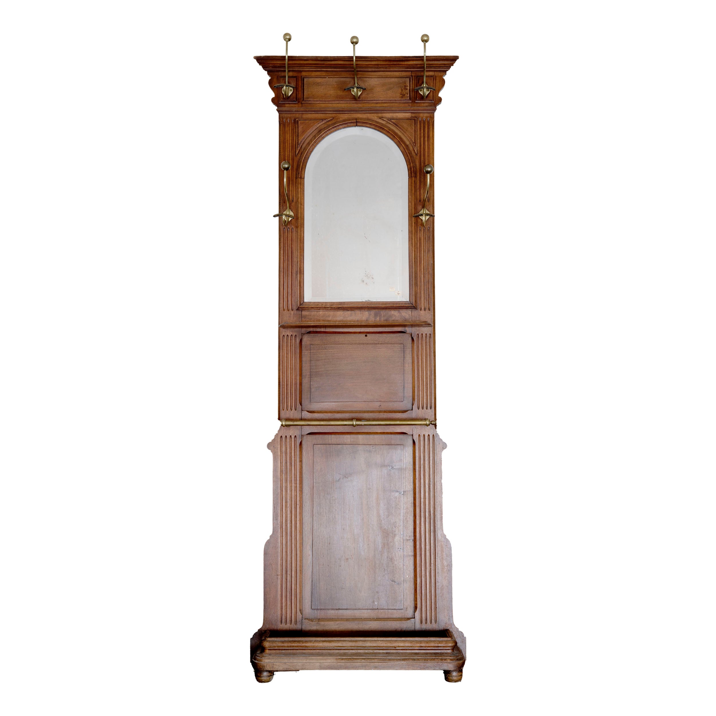 Antique Wooden Entryway Hall Tree with Arched Mirror and Umbrella Stand