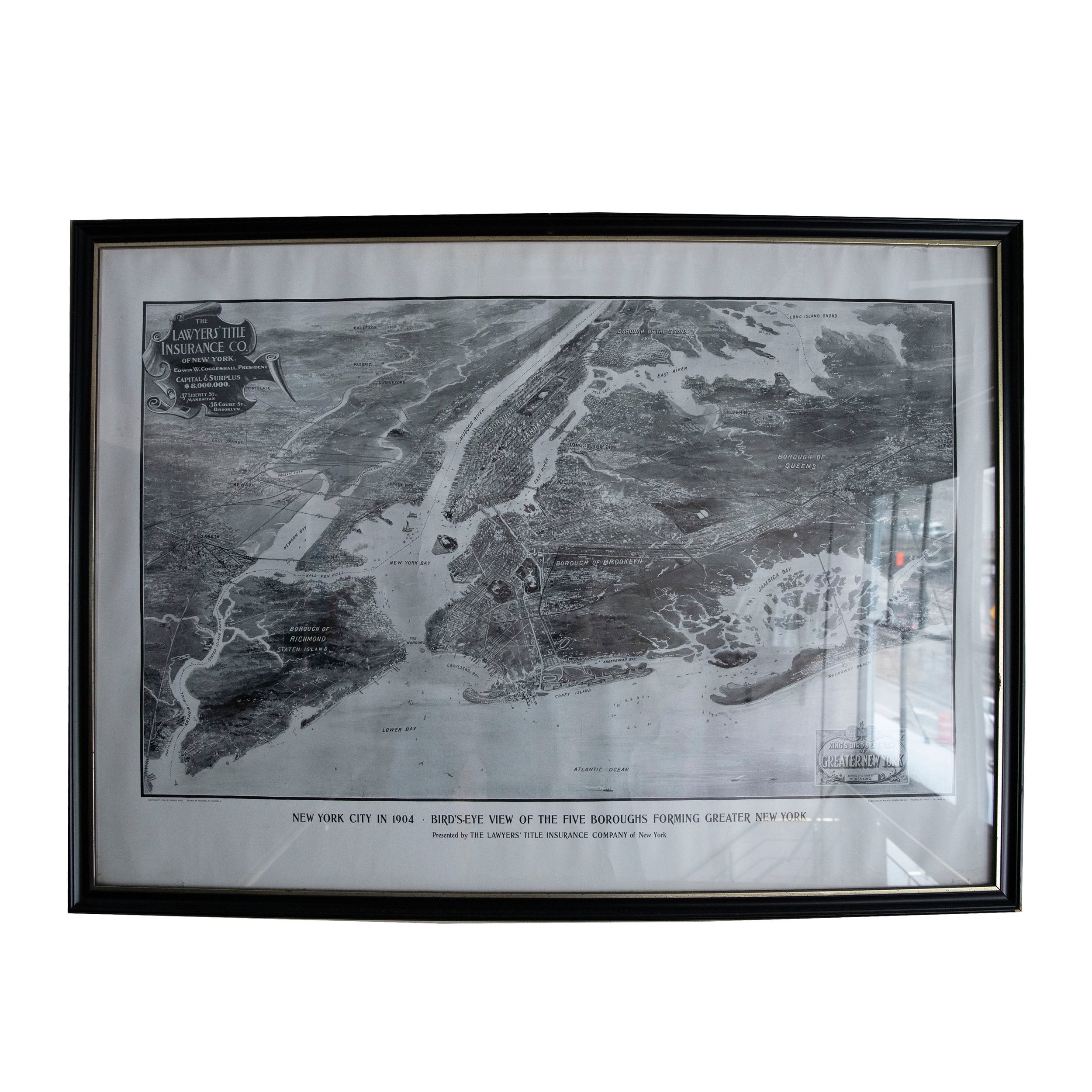 Framed 1904 New York City Bird's Eye View Map - Greater New York (All Five Boroughs)