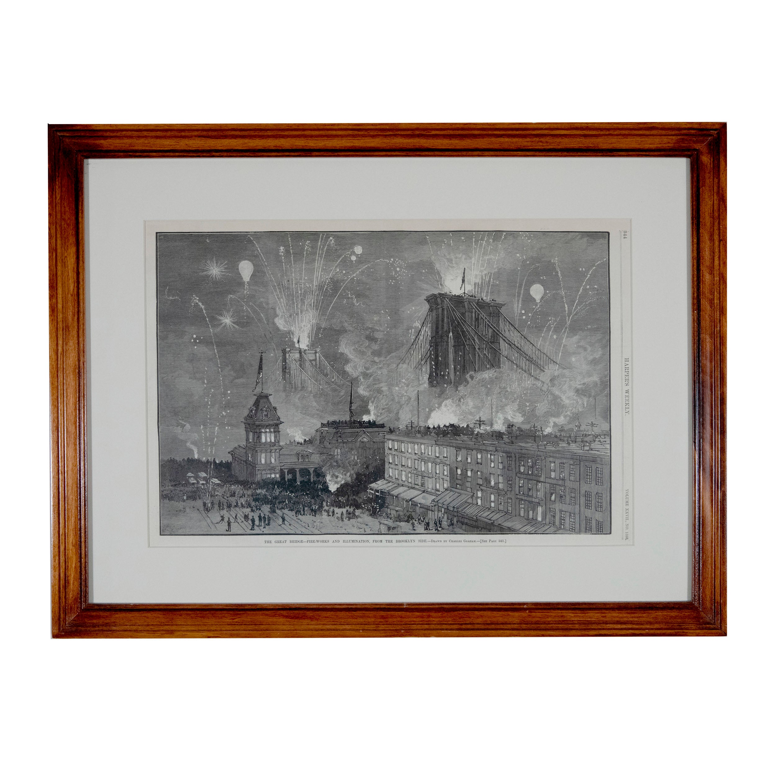 Framed Antique Print The Great Bridge Fireworks And Illumination Harper's Weekly