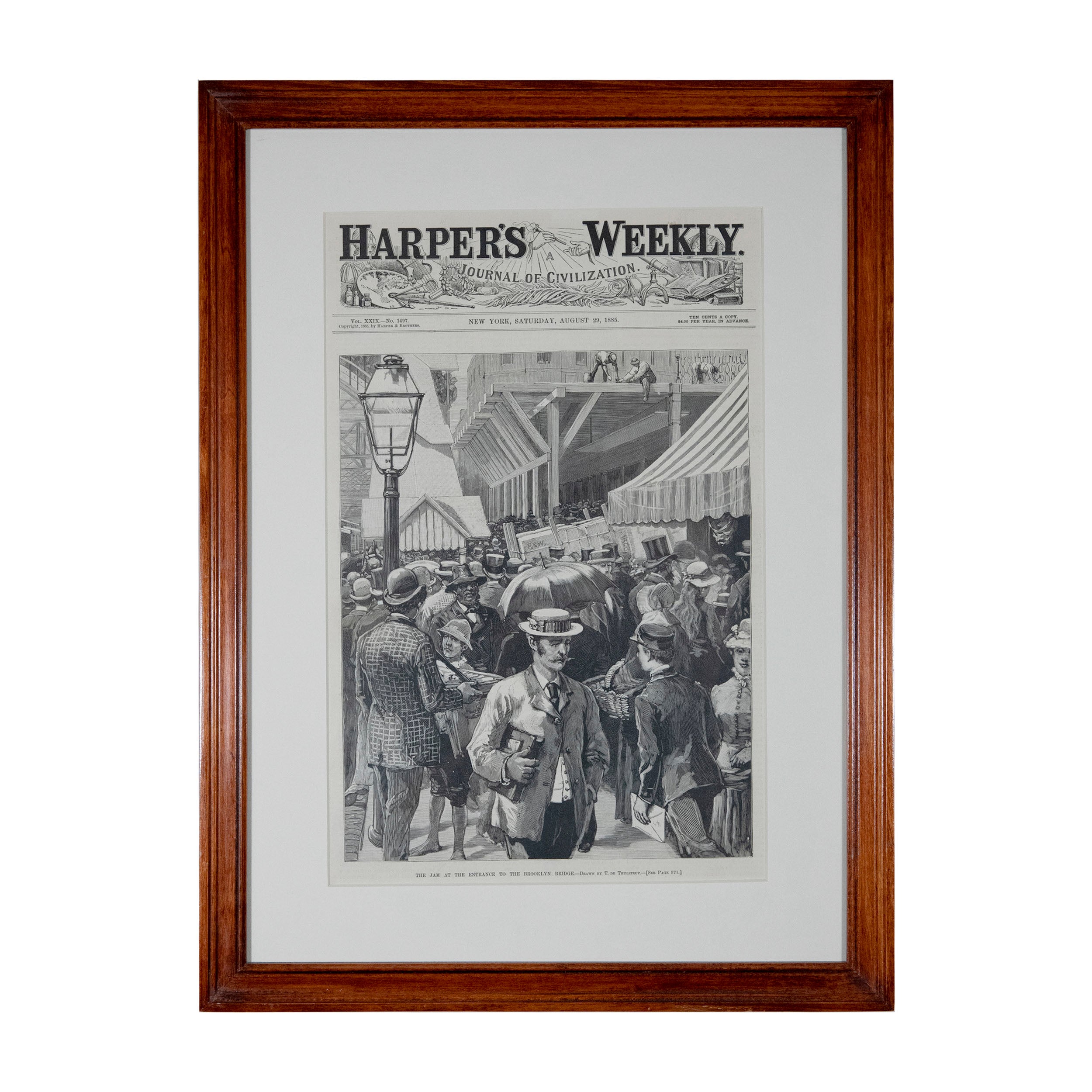 Framed Vintage Harper's Weekly Print: The Jam At The Entrance To The Brooklyn Bridge 1885