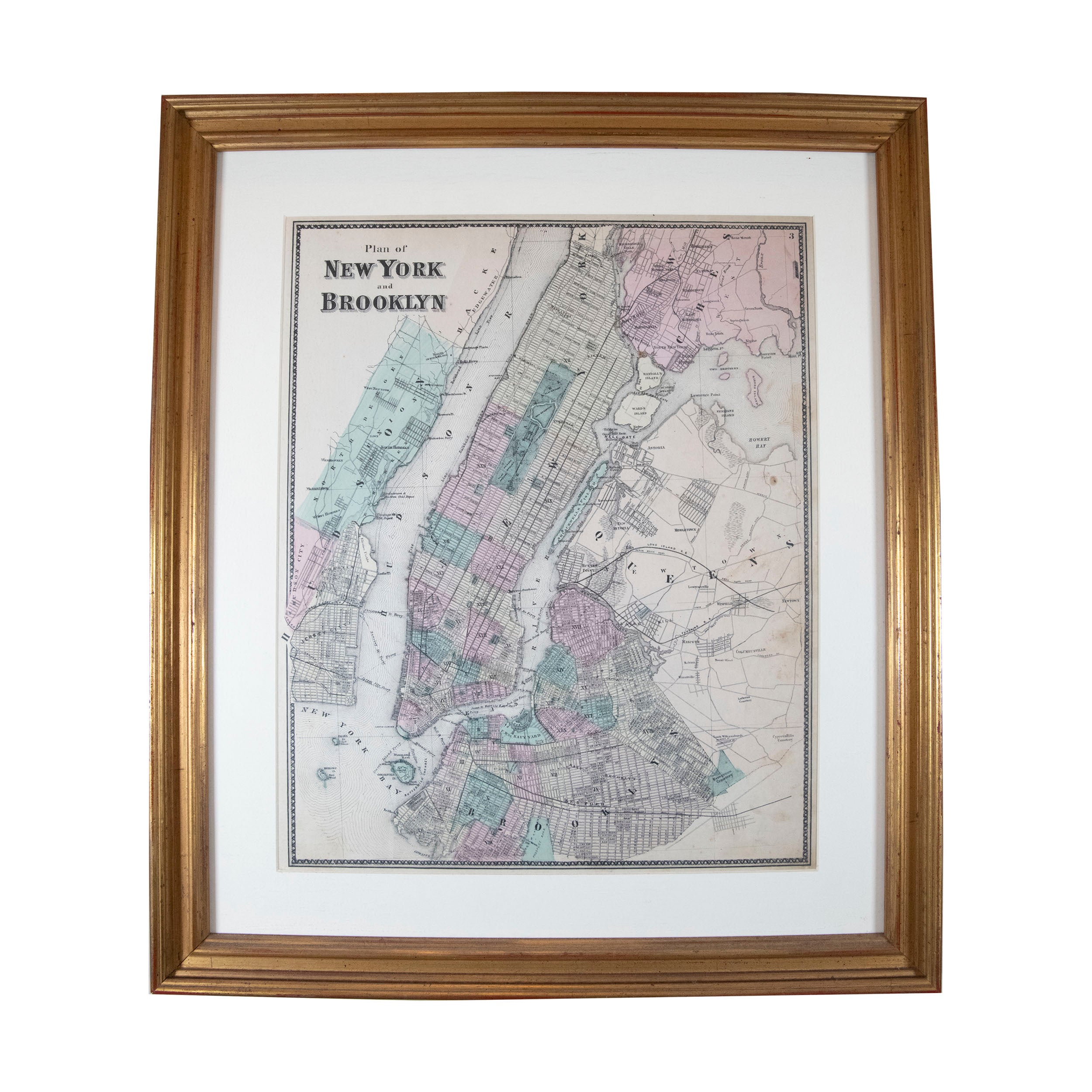Framed Vintage Plan of New York and Brooklyn Map