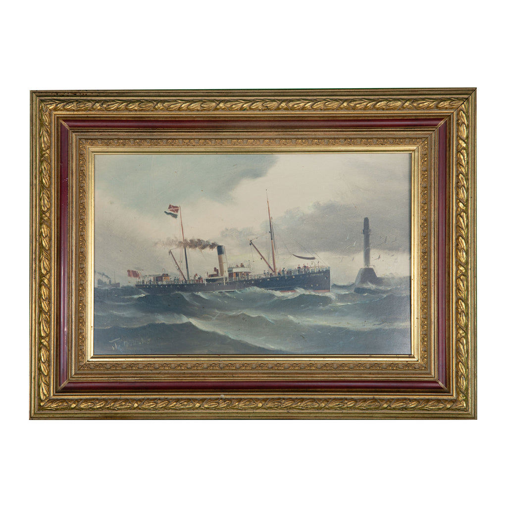 Vintage Original Oil Painting: Coastal Steamship by J. Bunne