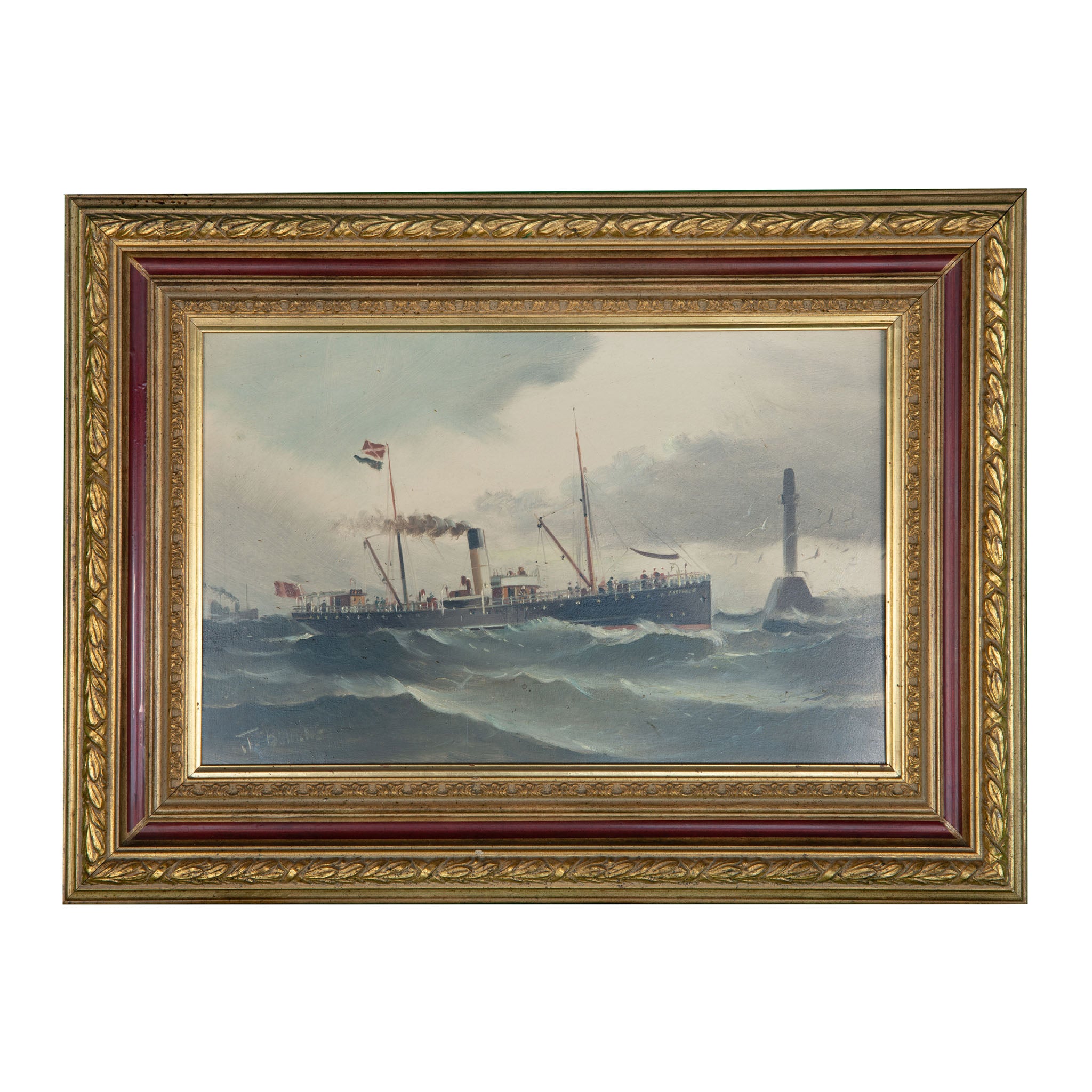 Vintage Original Oil Painting: Coastal Steamship by J. Bunne