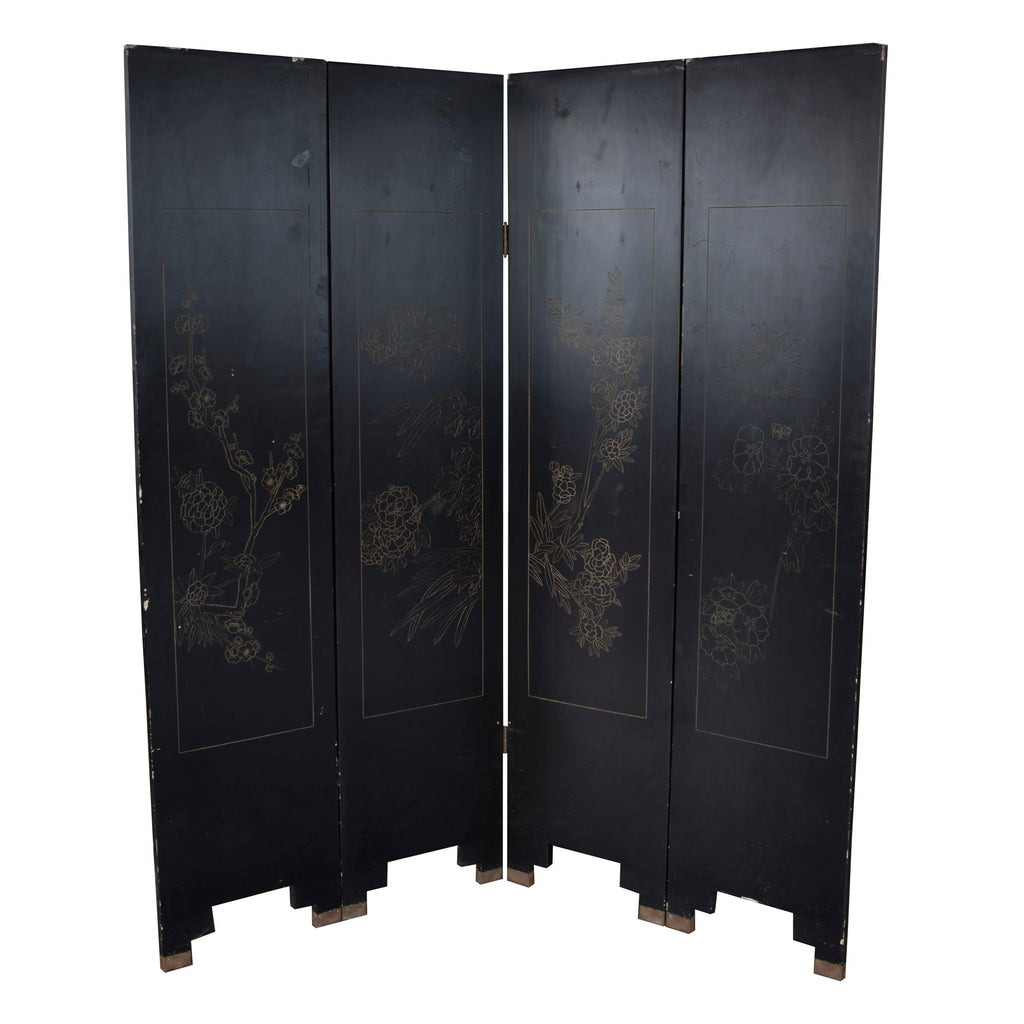 Vintage 4-Panel Black Lacquer Chinoiserie Room Divider 2