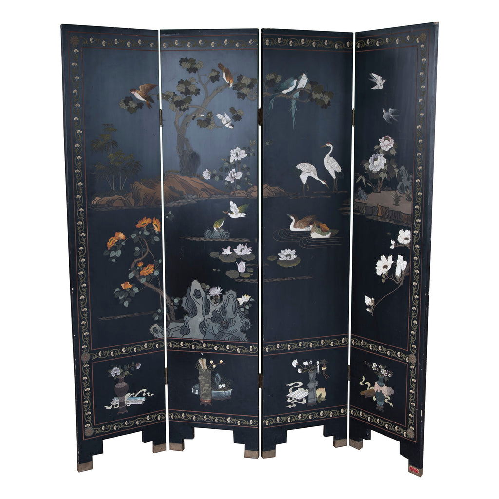Vintage 4-Panel Black Lacquer Chinoiserie Room Divider