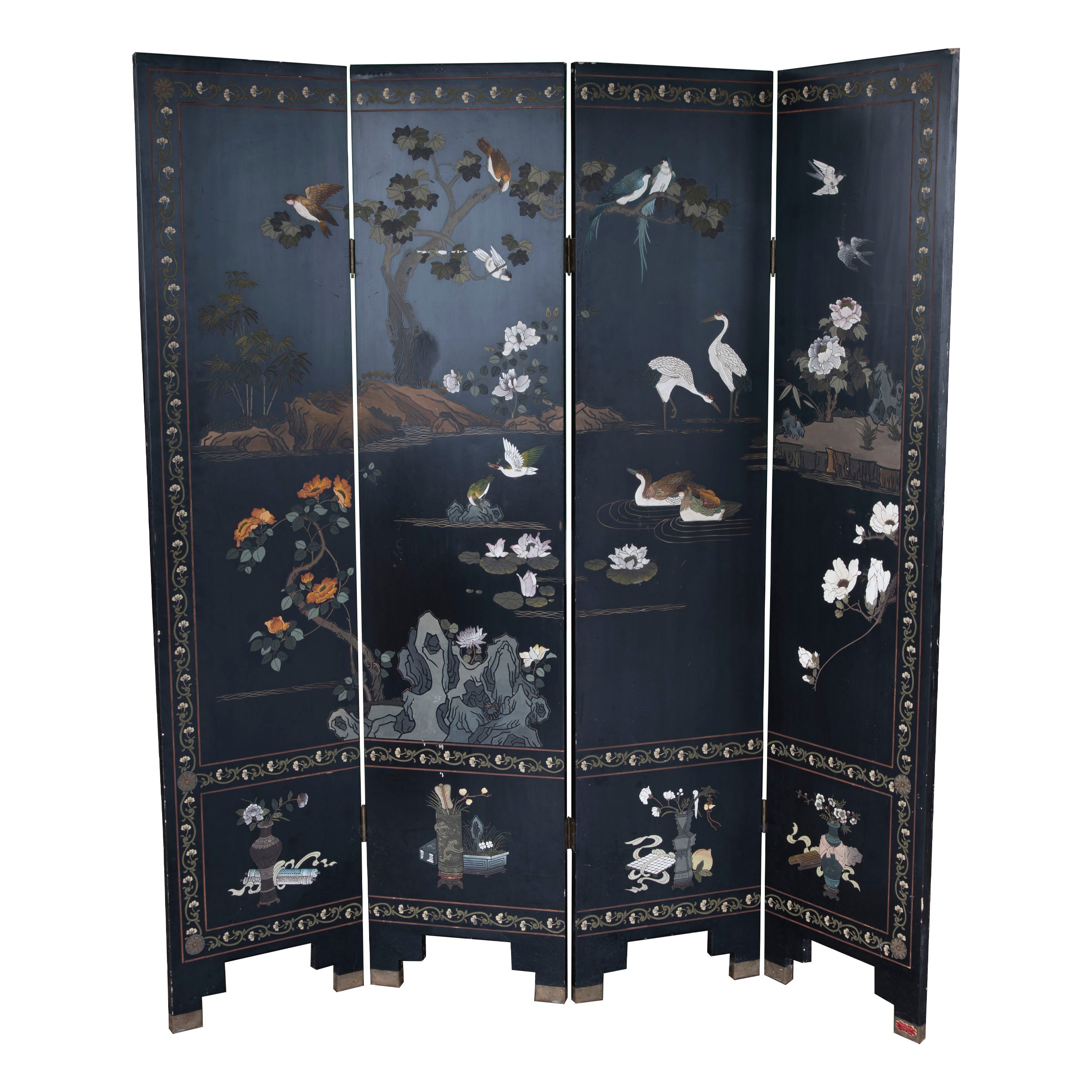 Vintage 4-Panel Black Lacquer Chinoiserie Room Divider